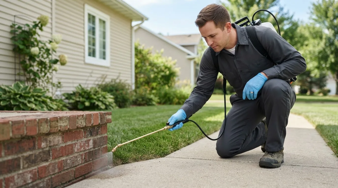 Pest control technician treating a home near Mccausland, IA