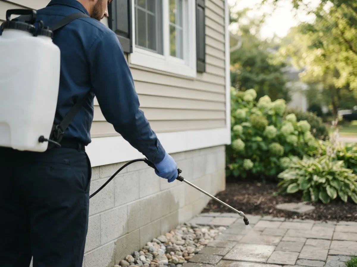 Pest control technician inspecting a home in Mccausland, IA